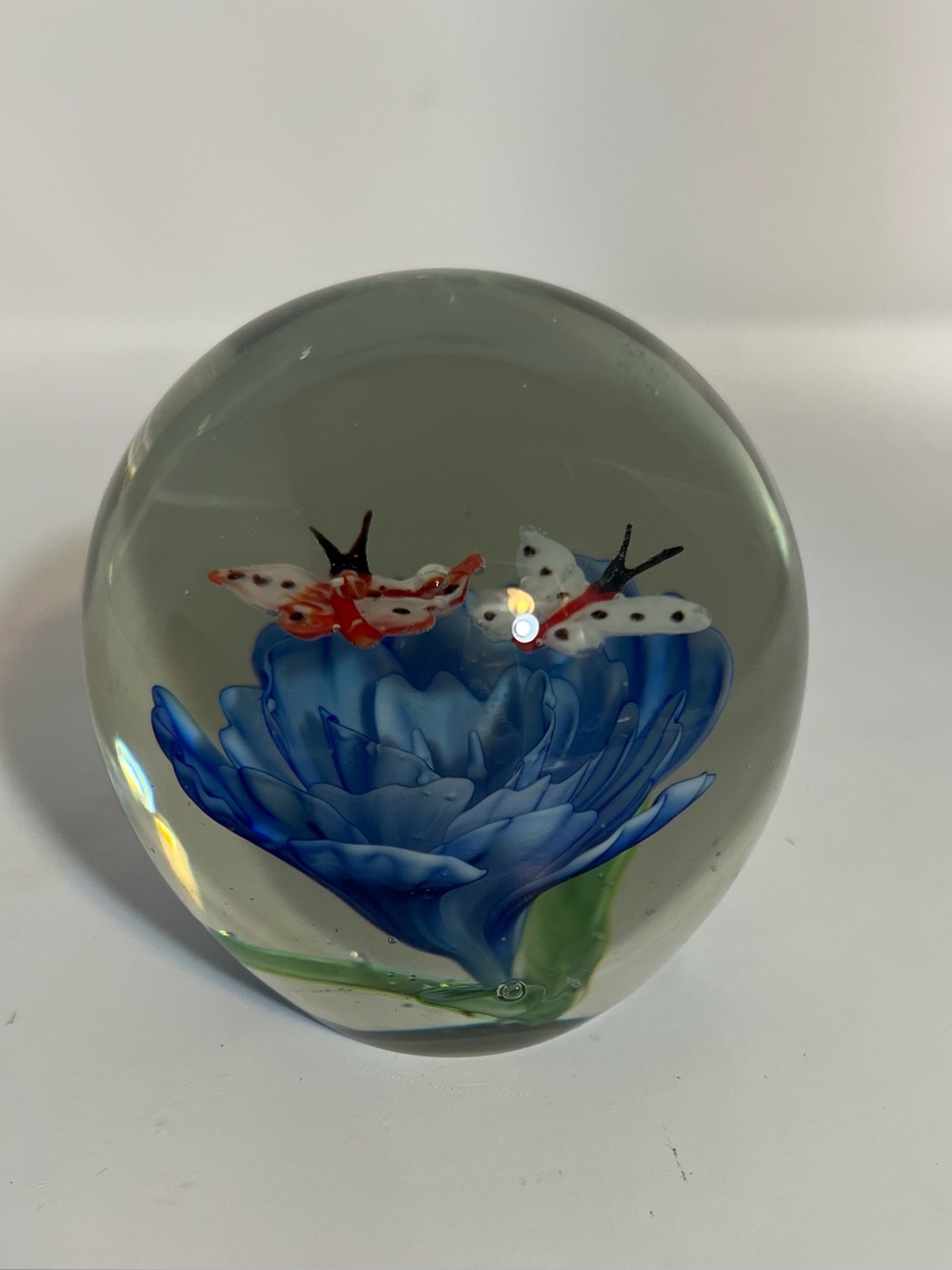 Hand Blown Art Glass Paperweight Orb Flower Butterflies Vintage Murano Inspired